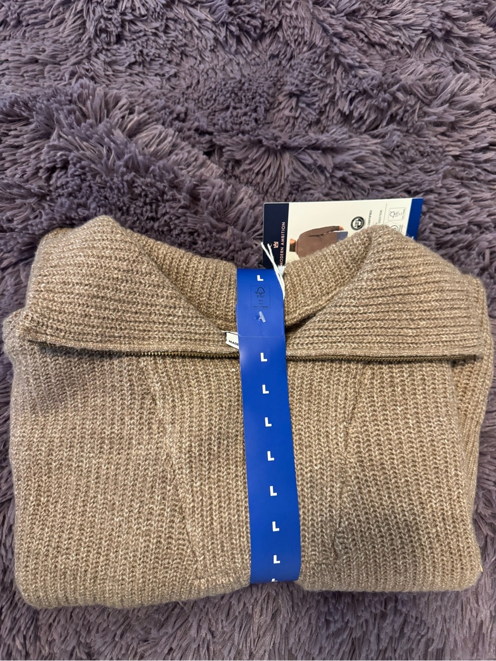 Women Quarter Zip Taupe Knit Sweater - Large